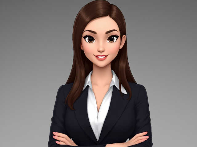 Create animated confident young woman exuding professionalism and authority. She has long, neatly styled hair, either straight or wavy, in a natural or dark brown shade. She is wearing a sharp, tailored black or dark-colored business suit with a crisp white blouse underneath. Her expression is poised and confident, with a subtle smile or neutral look, radiating bossy and empowering vibes.