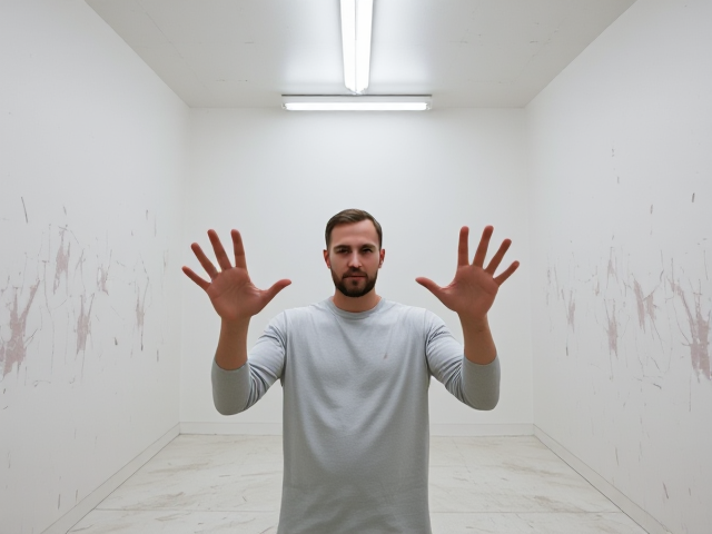 a man with six fingers on each hand stands lone in the middle of a white room with the walls covered in stains and there being fluorescent lights flikering above him