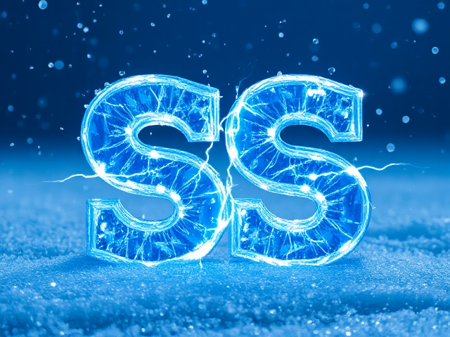 Double SS logo designed as a wallpaper, adorned with ice particles and water droplets, each S having a light blue shiny diamond ice texture, looking slippery and wet and blue lightning bolts coming out of the double SS and a snowy blue background that is completely clear