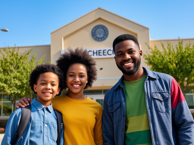 un couple afro américain avec leurs enfants souriants et heureux, debout devant l'école en période de rentrée des classes, vêtements colorés et variés, atmosphère joyeuse et ensoleillée, école moderne et propre avec une architecture attrayante, arbres verdoyants autour de l'école, ciel bleu sans nuages, lumière naturelle vive mettant en valeur les détails des vêtements et des visages, décorations festives à l'entrée de l'école