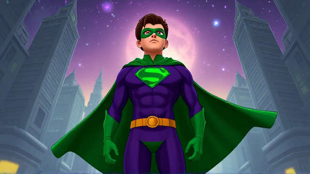 Modern Cartoon scene: A young, Autistic 25-year old boy with light skin and flat, smooth, and slick brown hair named T.J. Granger, but transformed into a genetically-altered superhero named Powerman, who, despite still being a young adult kid, has an extremely muscular body. He wears a sleek purple suit with a green P symbol on his chest, a gold belt with a circular buckle, green briefs, green boots, green long-cuffed gloves, a really big, toe-length long, ultra-wide green cape wreathed around his neck, and a green eye mask that protects his true identity. He also has incredible and invincible superpowers flowing through his veins. In this scene, Powerman is currently standing in the alien city on his masters' home planet of Zantal, where he looks up to the cosmic skies, sensing that something is wrong, and he knows he must investigate.