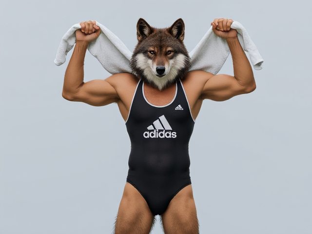 A tall anthropomorphic wolf wearing an adidas swimsuit drying off with a towel