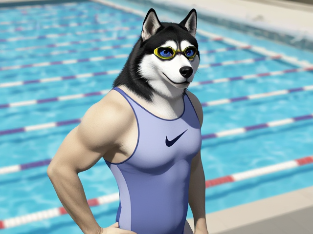 A tall and lean anthropomorphic Alaskan malamute with a long torso and broad shoulders, wearing a Nike one-piece swimsuit and swimming goggles while standing next to a Olympic-Sized swimming pool