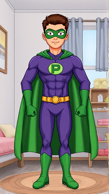 Cartoon scene: A young, Autistic 25-year old boy with light skin and flat, smooth, and slick brown hair named T.J. Granger, but transformed into a genetically-altered superhero named Powerman, who, despite still being a young adult kid, has an extremely muscular body. He wears a sleek purple suit with a green P symbol on his chest, a gold belt with a circular buckle, green briefs, green boots, green long-cuffed gloves, a really big, toe-length long, ultra-wide green cape wreathed around his neck, and a green eye mask that protects his true identity. He also has incredible and invincible superpowers flowing through his veins. In this scene, Powerman is currently standing in his bedroom, taking a moment to truly admire his new appearance and identity.