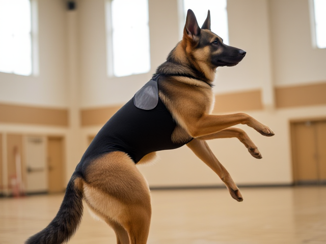 Anthropomorphic German shepherd with strong hips, wearing a gymnastics leotard, performing in a bright gymnasium setting, dynamic pose, high detail