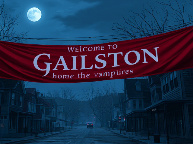 A hometown with a red banner with welcome to Gailston south Carolina home of the vampires written on it in white