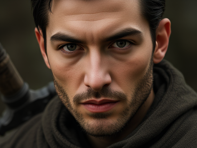 Generate an image/portrait of a medieval hunter.  He is a human, 25 years old, has middle lenght, black, bit greasy slicked back hair and grey eyes. Slightly oval face and no facial hair