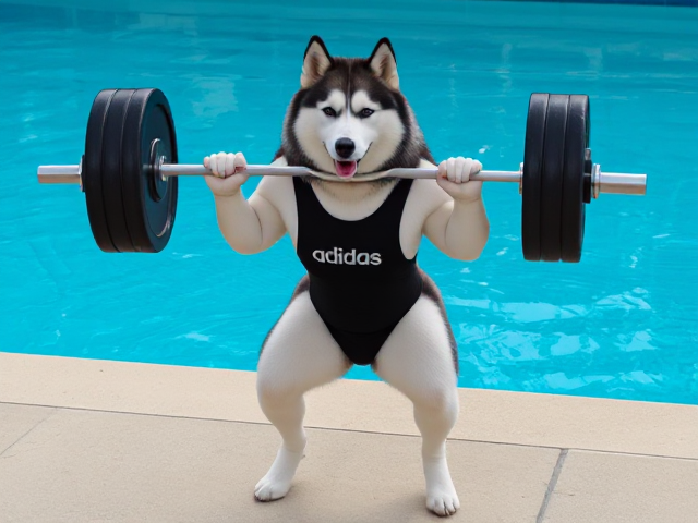 A anthropomorphic Siberian husky wearing an adidas swimsuit deadlifting a barbell on a pool deck