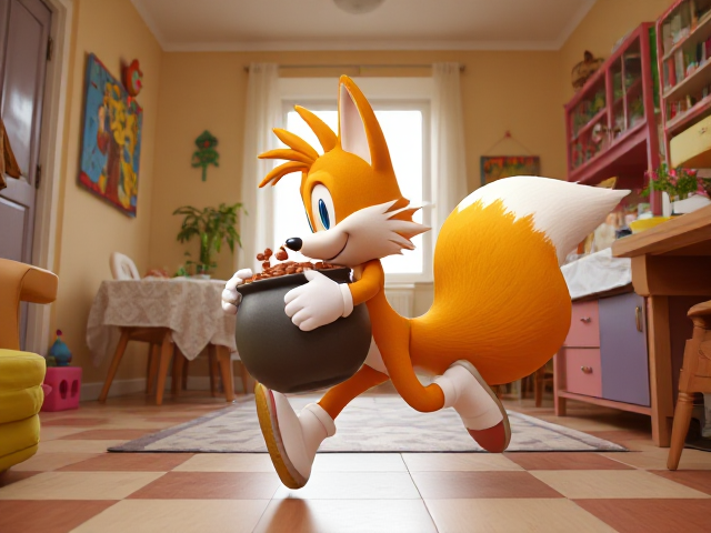 A side shot of A young and adorable depiction of a smaller, younger version of Miles "Tails" Prower the two tailed fox wearing gloves and white socks. He is running through a brightly lit, colorful house with playful decorations and furniture, carrying a GIANT pot of baked beans that he totally didn't steal. Beans are splashing out of the pot as Tails mischievously looks behind him to ensure he isn't being chased. His two fluffy tails are flowing behind him dynamically, adding to the sense of motion and excitement in the scene.