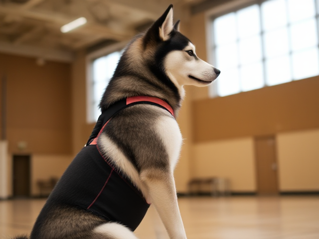 An Alaskan malamute wearing a gymnastics leotard in a gymnasium