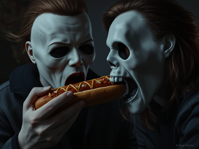 Michael Myers feeding Ghost face a hot dog