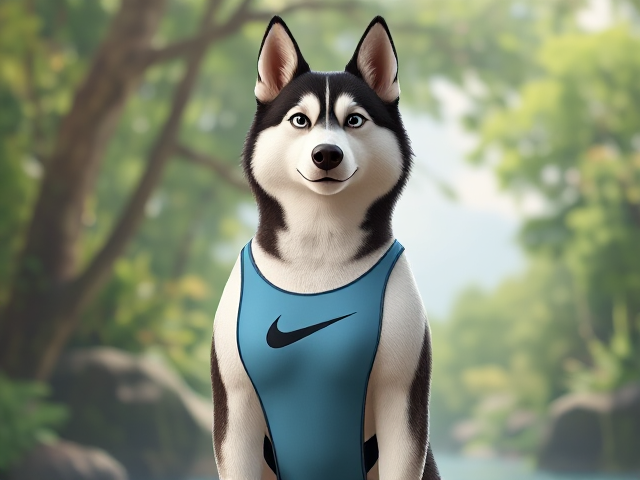 A tall anthropomorphic Siberian husky wearing a Nike one piece swimsuit