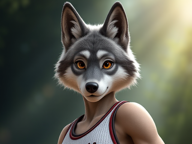A tall and lean anthropomorphic female gray wolf basketball player