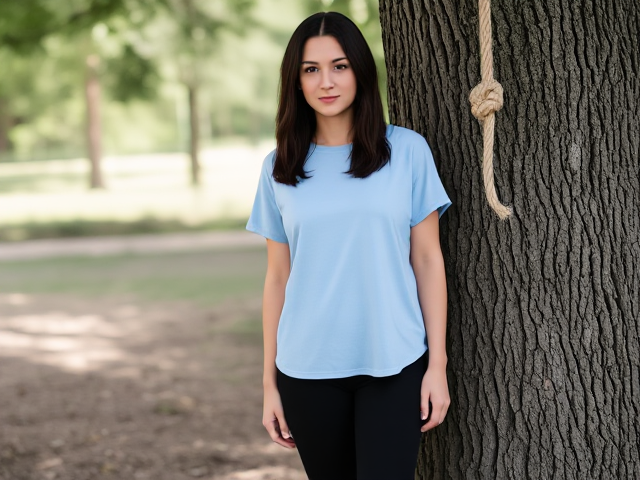 Brunettes in her early 20s dark shoulder hair down wearing a light blue loose t shirt that cuts at her knees and black yoga pants right next to a looped rope knot dangling from a tree