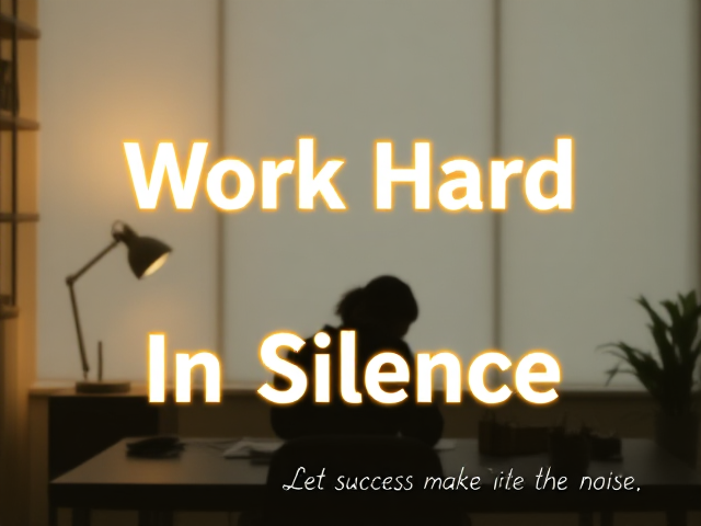 "Create a serene, motivational scene with a clean and minimalistic workspace in the background. The workspace should include a desk with a lamp, a notebook, and a subtle gradient overlay to give a calm and focused vibe. Add a silhouette of a person working diligently at the desk, illuminated by the warm glow of candlelight, symbolizing quiet perseverance. Include bold and glowing text that says 'Work Hard' at the top and 'In Silence' at the bottom in a contrasting font color like white or yellow. Add a small cursive quote at the bottom corner, 'Let success make the noise,' to enhance the inspiring tone."