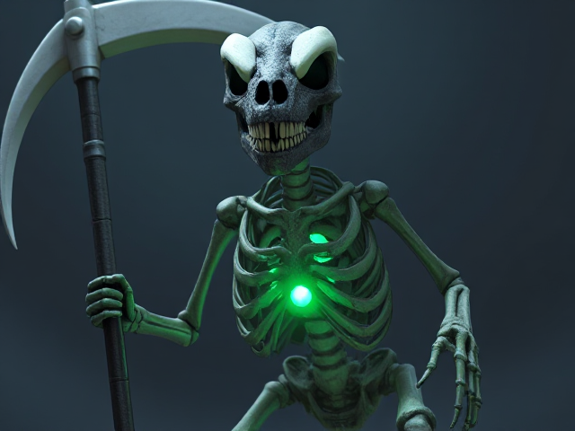 Dinosaur skeleton,holding a bone scythe. his eyes are two white pieces of oval bone with a slit in the middle. he has a small ball of green light in his chest. Two long arms with three-fingered hand. Realistic.
