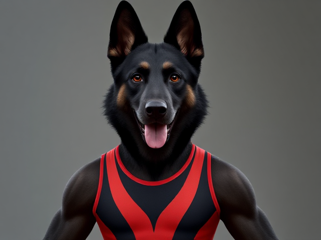 A anthropomorphic black German shepherd Olympic gymnast wearing a leotard