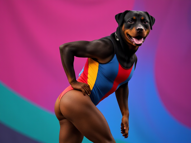 Anthropomorphic Rottweiler with strong hips, wearing a colorful gymnastics leotard, in an athletic pose, vibrant background