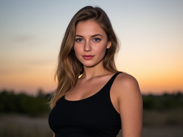 Young woman, light brown hair, bright blue eyes, freckles, wearing a black tank top and jeans