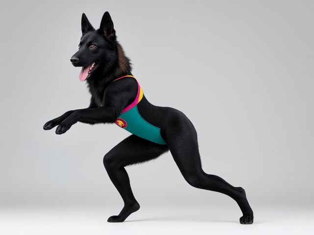 Black furred legs, female anthropomorphic German Shepherd, wearing a vibrant gymnastics leotard, highly detailed fur texture, athletic build in a dynamic pose, vivid and bold colors, realistic anatomy