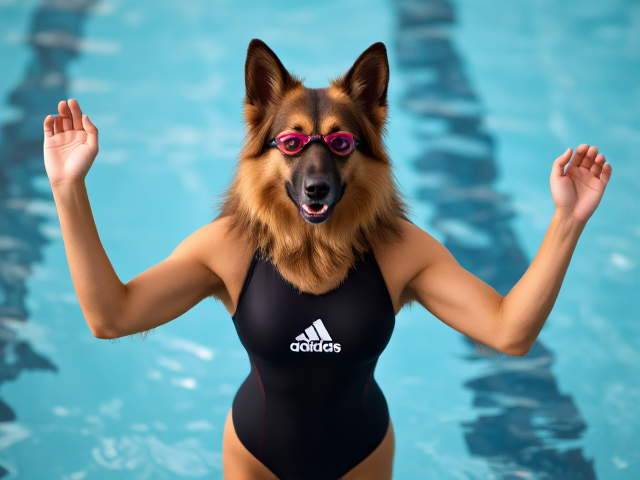 A tall anthropomorphic long haired German shepherd wearing an adidas swimsuit and swimming goggles stretching her arms before a swim
