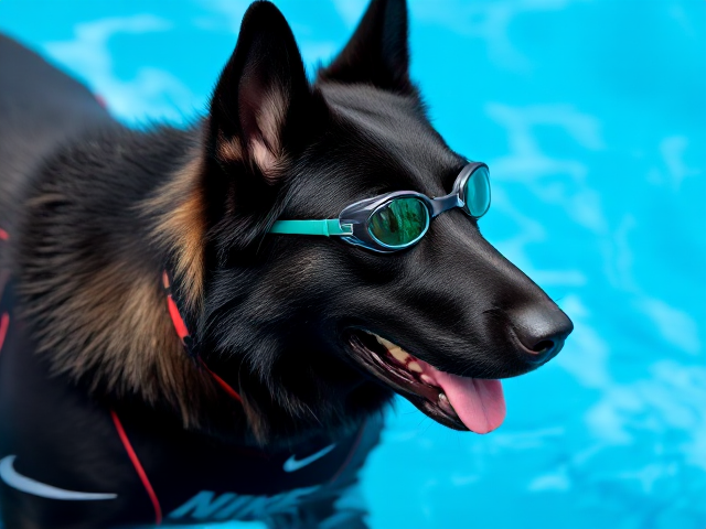 Anthropomorphic black German shepherd wearing a Nike swimsuit and swimming goggles