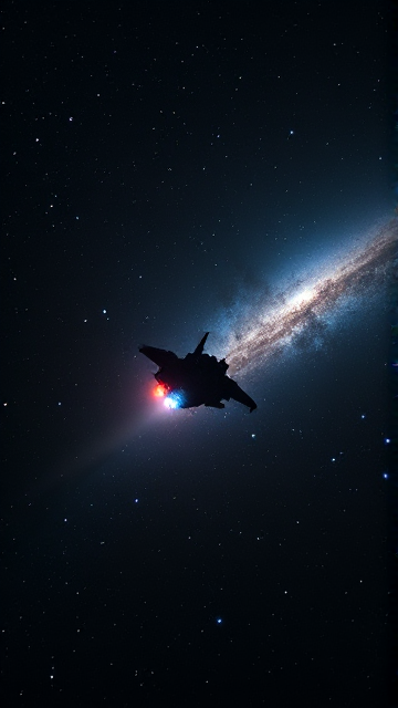 In Deep Space. A spaceship flies through space.