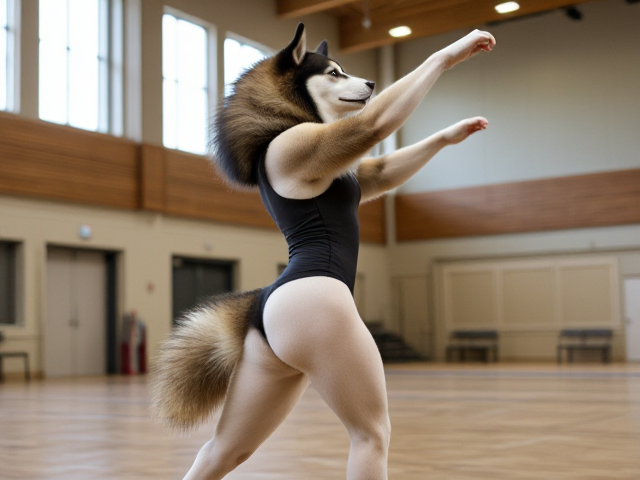 Anthropomorphic Alaskan malamute with strong hips, wearing a gymnastics leotard, performing in a gymnasium, detailed and dynamic pose