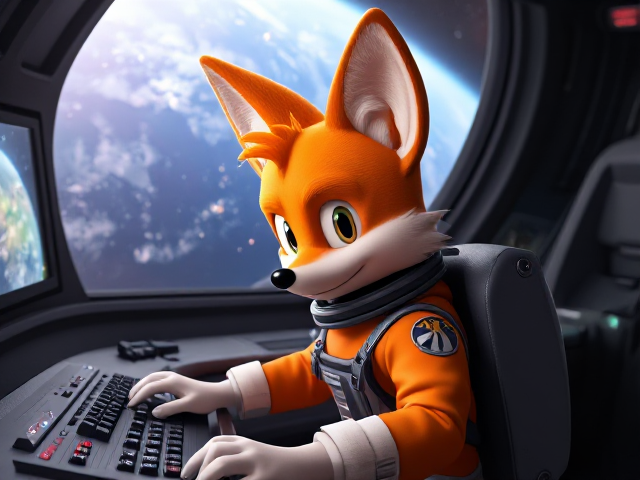 Tails the Two tailed Andromorphic fox, controlling a Massive space station in an orange astronaut suit in outer space, with a view of the earth out the window SEGA video game
