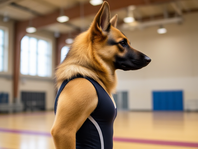 A anthropomorphic German shepherd with blonde hair wearing a gymnastics leotard in a gymnasium