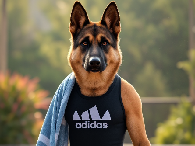 A tall anthropomorphic German Shepherd wearing a adidas swimsuit drying off with a towel Seed 27826409