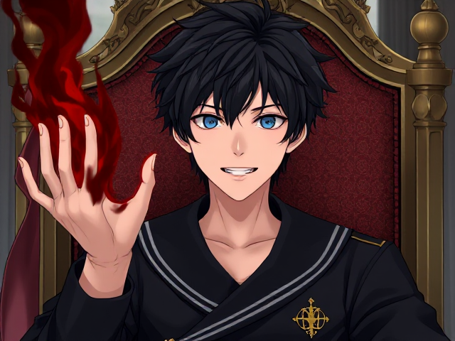A young adult male with messy black hair and blue eyes sitting in a throne in a kingdom, his left hand has dark blood red, black flames coming from it and in his right hand is a small short sword, he is wearing a naval style all black with gold badge on it clothes and he has narrow eyes and a huge grin, anime