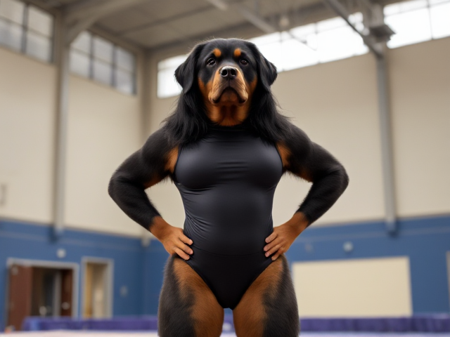 A anthropomorphic long haired Rottweiler with large hips wearing a gymnastics leotard in a gymnasium