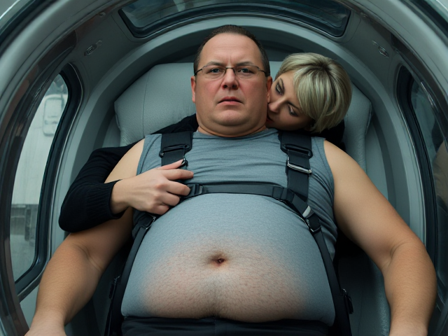 A middle age man of a medium build, glasses, and a receding hairline. His hair is mostly bald on top but appears darker at the sides. He has a serious expression. His body type is somewhat stocky, with a round and slightly protruding belly . He is wearing a sleeveless tight grey shirt and is wearing workpants, he is  laying flat on back inside a capsule with glass top. A young smaller woman, with silver-white hair, has an intense and piercing  expression as she stands on the outside (and behind the man to his left shoulder) of the capsule and touches the mans belly and kisses his lips, The man looks over his left shoulder to see her, his expression serious. This scene suggests a moment of tension or confrontation between the two characters.
The grey  "hump" under the man's chin is the man’s round belly, as the angle of the shot is of the man layin DOWN FLAT ON BACK,  harnessed in,strap going around round belly, arms still at the man’s sides.  and the camera is facing up from right under his round belly, camera angle adds to this effect