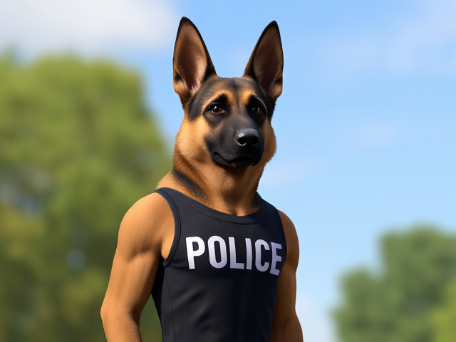 A tall anthropomorphic German shepherd with a long torso and broad shoulders wearing a leotard with “POLICE” written across the front of it
