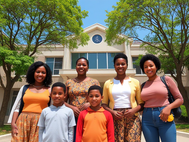 Parents d'élèves africains avec leurs enfants souriants et heureux, debout devant l'école en période de rentrée des classes, vêtements colorés et variés, atmosphère joyeuse et ensoleillée, école moderne et propre avec une architecture attrayante, arbres verdoyants autour de l'école, ciel bleu sans nuages