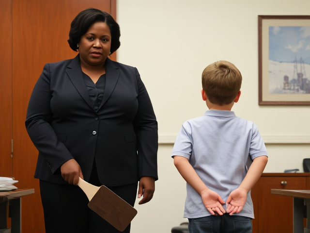 A tall, fat, black female in her 50s and dressed in a business pants suit, is a principal of an elementary school. She is standing in her office holding a spanking paddle. She has a stern facial expression. A young Caucasian boy in the 5th grade stands beside her facing the same direction as the principal.( He is facing the camera.) His arms are behind his back & he is rubbing his bottom  with the palms of his hands, and has tears in his eyes