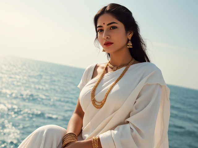 Woman in white saree with gold jewelry, a bindi, and white shoes, ocean background