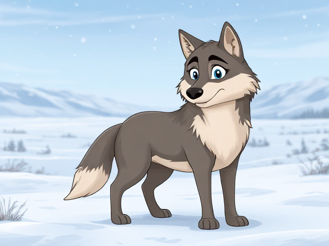 cartoon wolf with detailed fur and expressive eyes, standing in a vast snowy tundra landscape with gentle snowfall and distant mountains