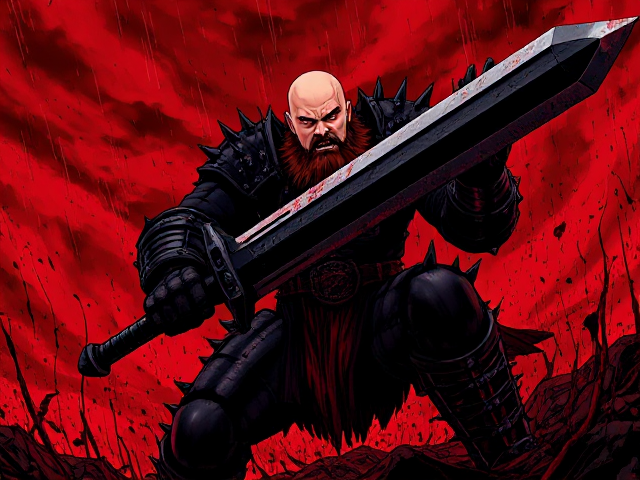 a dark, intense anime-style illustration inspired by Berserk. Depict a fierce, heavily armoured warrior with spiked black armour, wielding a massive, bloodstained sword. The character should be bald with a bushy beard, glowing red eyes, and a menacing expression. The background should be a chaotic, blood-red sky with splashes and streaks of dark, inky blood raining down, adding to the violent atmosphere. The warrior should be posed in a powerful, dynamic stance, knee-deep in a desolate, red-soaked battlefield. The art style should feature sharp, detailed line work and high-contrast lighting to capture the dark, gritty essence of Berserk