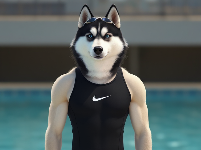 A tall anthropomorphic Siberian husky with a long torso and broad shoulders wearing a high cut Nike one piece swimsuit and swimming goggles
