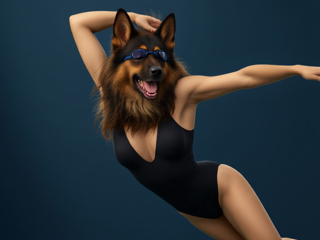 A anthropomorphic long haired German shepherd Olympic swimmer stretching her long torso, while wearing a one piece swimsuit and swimming goggles