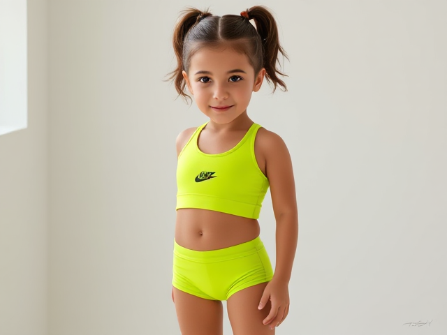 Small girl wearing lime green Nike pro Lycra shorts and sports crop top