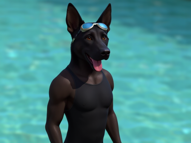 A anthropomorphic black German shepherd with a long torso and broad shoulders wearing a one piece swimsuit and swimming goggles