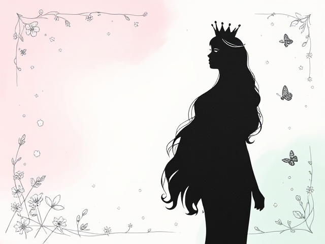 Create a beautiful first page for a journal designed for girls, featuring a soft pastel background that transitions from light pink at the top to mint green at the bottom. Include a decorative border of delicate, lightly sketched flowers, whimsical stars, and playful butterflies, with scattered sparkles to evoke a sense of magic. In the center, feature an elegant black color large size complete body silhouette of a woman having long curly hairs wearing a crown, symbolizing empowerment and confidence. Ensure there’s ample clear space around her for an inspiring quote or title, making the overall design versatile for various journal themes. The edges should be soft and inviting, creating a warm atmosphere that encourages creativity and positivity."