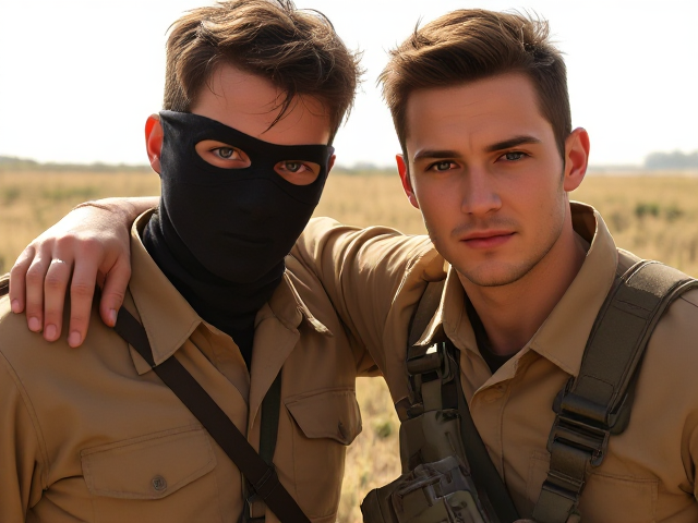 Two men, military clothing, tan, one with violet eyes and with dark brown eyes, mask covering their face, arm over each others shoulders, sunny and grassy background