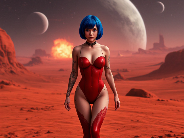 25 years, Young, nymph Goth Space girl, royal blue short hair, prosthetic red bodysuit, tattoos, walking on red planet, galactic space battle in background, blasts explosions at a distance.