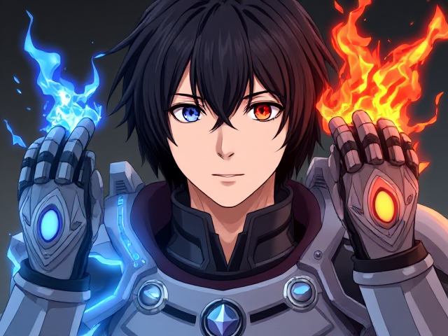 Young adult male with medium to long black hair and his right eye is blue and his left eye is red with futuristic armor and futuristic gauntlet that’s on the right shoots ice and the right shoots fire, anime