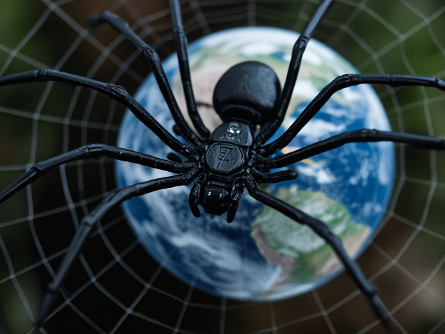 une araignee robot de métal noir tissant sa toile autour du globe terrestre vue partielle et en gros plan en allusion au web