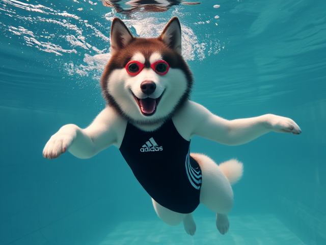 A anthropomorphic Siberian husky wearing an adidas swimsuit and swimming goggles dancing underwater